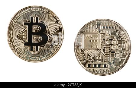Obverse and reverse sides of a Gold Bitcoin Isolated on a white background Stock Photo