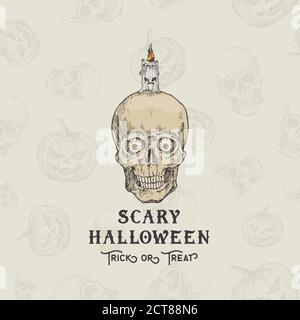 Happy HalloweenTrick or Treat Vector Background or Card Template. Hand Drawn Scull with Eyes and Candle Sketch Illustrations. Holiday Decorative Stock Vector