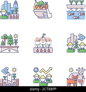 Agricultural business RGB color icons set Stock Vector