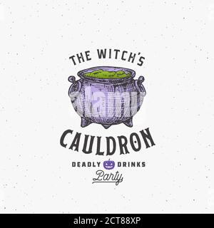 Vintage Style Halloween Logo or Label Template. Hand Drawn Witch Cualdron Sketch Symbol and Retro Typography. Shabby Texture Background. Stock Vector
