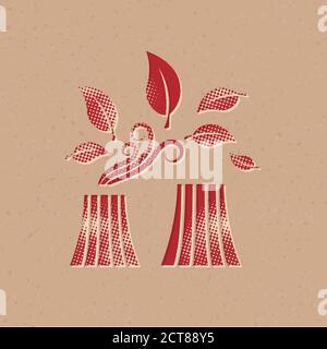 Nuclear plant with leaves icon in halftone style. Grunge background vector illustration. Stock Vector