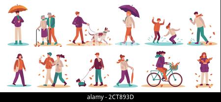 People in fall season. Men and women walk street, ride bicycle, walking dog. Young and adults umbrella in autumn park vector set. Illustration woman a Stock Vector