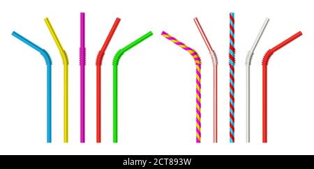 Drinking straw. Realistic classic plastic striped and colorful direct and bended drinking straws isolated objects 3d vector illustration set. Realisti Stock Vector