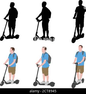 man riding electric scooter silhouettes and color illustration - vector Stock Vector