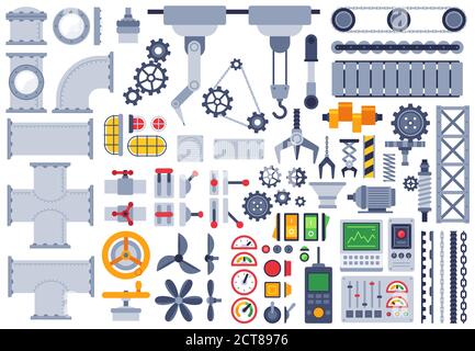 Flat machinery. Auto construction different mechanism, technical gears, pinion, shaft, joints, factory equipment machine parts vector set. Illustratio Stock Vector