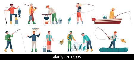 Fisher Man Holding Fishing Rod in the Boat, Season Fishing. Vector Cartoon  Character on Holiday, Trip. Illustration Stock Vector - Illustration of  background, fisher: 138751978