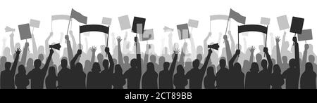 Activists protest seamless border. Strike group demonstration, demonstrator standing holding, equality manifestation. Vector illustration Stock Vector