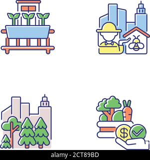 Urban agriculture production RGB color icons set Stock Vector