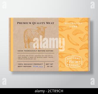 Meat Pattern Realistic Cardboard Box Container. Abstract Vector Packaging Design or Label. Modern Typography, Hand Drawn Lamb or Sheep Silhouette Stock Vector