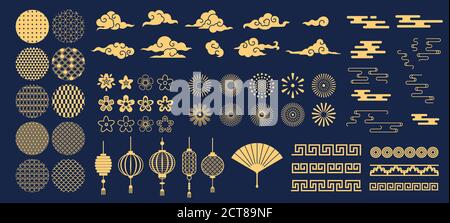 Chinese elements. Asian new year gold decorative patterns and lanterns, flowers, clouds and ornaments traditional oriental style vector set. Asian chi Stock Vector