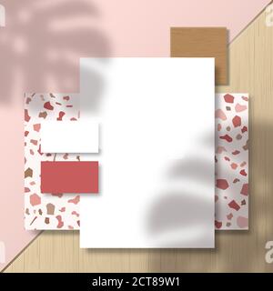 Business Cards and Letterhead on Terrazzo Pattern Tile and Surface Background with a Monstera Palm Leaves Shadow Overlay. Realistic Vector Stationary Stock Vector