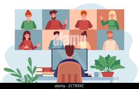Virtual meeting. Man chatting with group people, online meetings remote working during coronavirus, internet webinar flat vector concept. Illustration Stock Vector