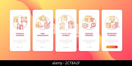 Financial literacy objectives onboarding mobile app page screen with concepts Stock Vector