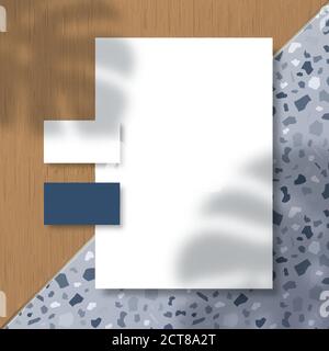 Business Cards and Letterhead on Terrazzo Pattern and Wood Tiles Background with a Monstera Palm Leaves Shadow Overlay. Realistic Vector Stationary Stock Vector