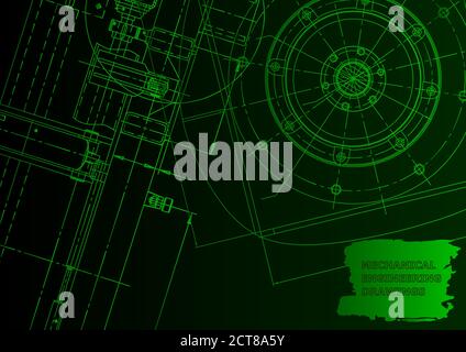 Cover. Vector engineering illustration. Green neon. Mechanical engineering drawing Stock Vector