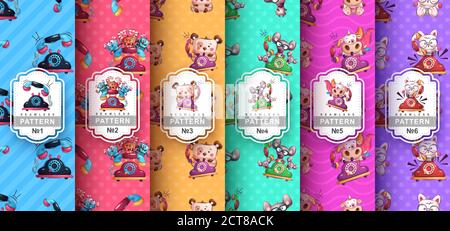 Animal with phone - set seamless pattern Stock Vector