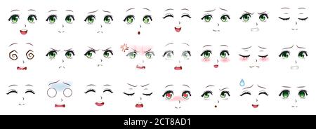Manga expression. Anime girl facial expressions. Eyes, mouth and nose, eyebrows in japanese style. Manga woman emotions cartoon vector set. Illustrati Stock Vector