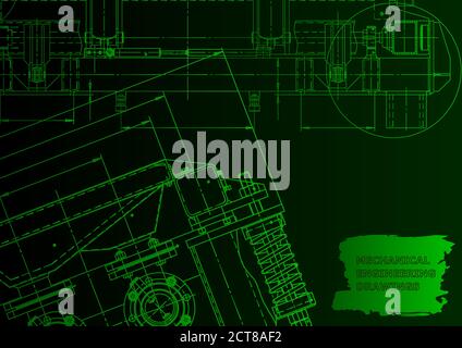 Machine-building industry. Green neon. Technical illustrations, backgrounds. Mechanical Stock Vector