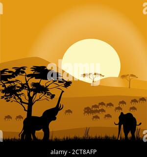 African elephants in the wild Stock Vector