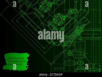 Machine-building industry. Instrument-making drawings. Green neon. Mechanical engineering Stock Vector