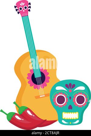 mexican skull with guitar and chili peppers, on white background vector ...