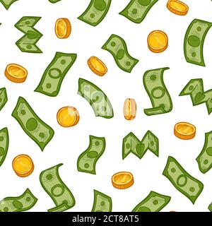 Money rain pattern. Green dollar banknotes and gold coins falling down. Financial crisis, recession business seamless vector texture. Money finance ca Stock Vector