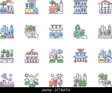 Urban farming RGB color icons set Stock Vector