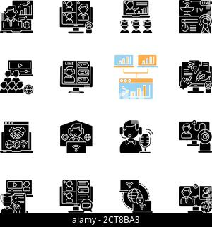 Online conference black glyph icons set on white space Stock Vector