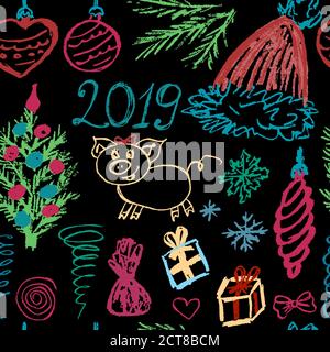 New Year 2019. New Year's seamless pattern. Children's drawings wax crayons. Snowflakes, gifts, Christmas tree, Christmas toys, candy, Christmas hat, Stock Vector