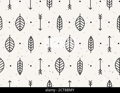 Leaf, arrow and feather vector seamless pattern. Geometric design pattern with leaves, nature style in black and white. Stock Vector