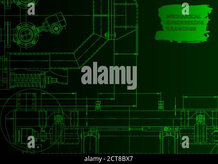 Mechanical instrument making. Technical illustration. Green neon. Technical abstract background Stock Vector