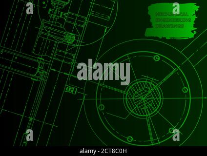 Cover, flyer, banner. Vector engineering illustration. Blueprint, background. Green neon. Technical illustration Stock Vector