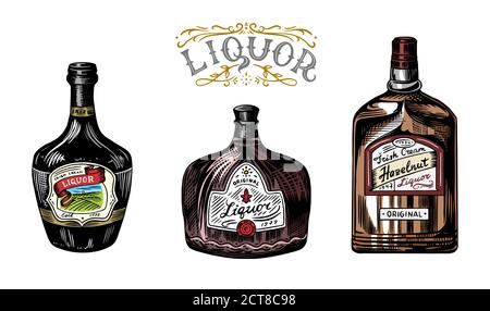 Liquor in a glass bottle. Alcoholic beverage or strong drink. Dessert wine and Retro label. Engraved hand drawn vintage sketch. Woodcut style. Vector Stock Vector