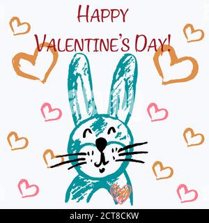 Cute illustration, postcard. Greeting card with hearts and cute animals. Happy Valentine's Day. Rabbit in love Stock Vector