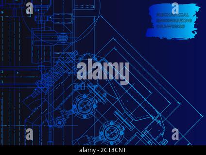 Machine-building industry. Blue neon. Technical illustrations. Mechanical Stock Vector