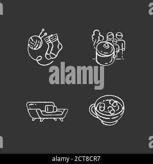 Hyggelig time chalk white icons set on black background Stock Vector