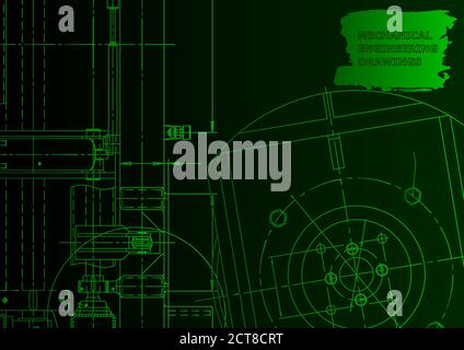 Mechanical instrument making. Technical abstract backgrounds. Technical illustration. Green neon Stock Vector