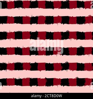 Striped seamless pattern. Abstract stripes. Hand drawing, brushes, blots. Modern textures. Original background. Checkered background squares Red Stock Vector