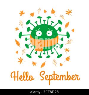 Hello september. Cartoon coronavirus bacteria in orange scarf with autumn leaves. Isolated on a white background. Vector stock illustration. Stock Vector