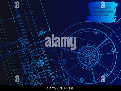Technical abstract backgrounds. Vector engineering drawings. Blue neon. Mechanical instrument making. Technical illustration Stock Vector