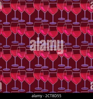Glasses with red wine. Seamless pattern with wineglasses. Wine event surface design. Vector illustration isolated on a burgundy background. Striped Stock Vector