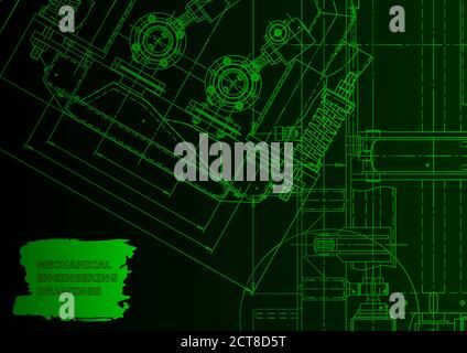 Machine-building industry. Green neon. Technical illustrations, background Stock Vector