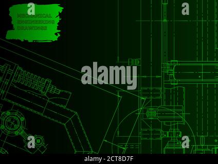 Machine-building industry. Mechanical engineering drawing Green neon Stock Vector