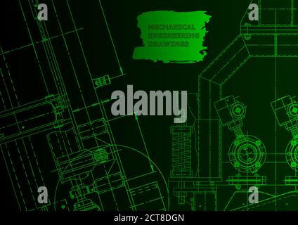 Vector engineering drawings. Mechanical instrument making. Technical abstract backgrounds. Technical illustration. Blueprint Green neon Stock Vector