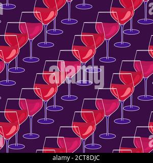 Wineglass seamless pattern. Many glasses of red wine. Bright surface design for a nightclub or party. Vector hand drawn illustration on dark Stock Vector