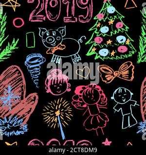 New Year 2019. New Year's seamless pattern. Children's drawings wax crayons. Christmas tree, mitten, 2019, pig, children Stock Vector