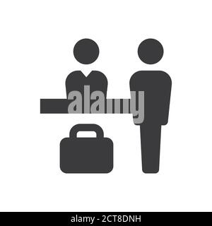 Hotel reception black vector icon. Receptionist desk and suitcase simple glyph symbol. Stock Vector