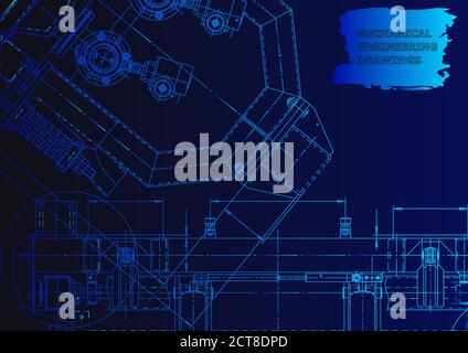 Mechanical instrument making. Technical illustration. Vector Blue neon. Technical background Stock Vector