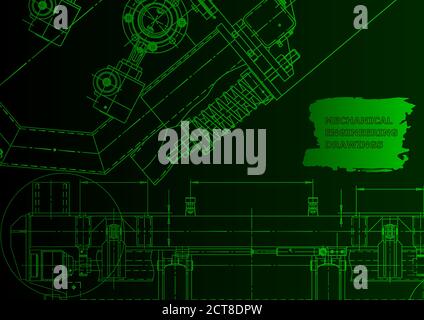 Mechanical instrument making. Technical illustration. Blueprint, Green neon. Technical background Stock Vector