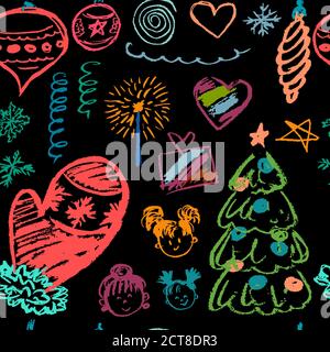 New Year 2019. New Year's seamless pattern. Children's drawings wax crayons. Snowflakes, gifts, Christmas tree, fur-tree toys, children, mittens Stock Vector